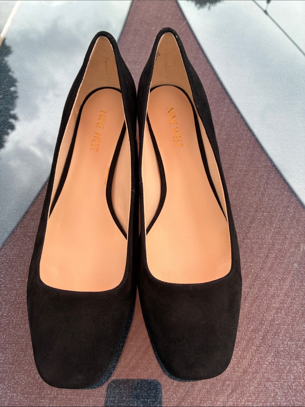 Nine West Nwoencia Black Suede Square-Toe Flats with Tan Insole